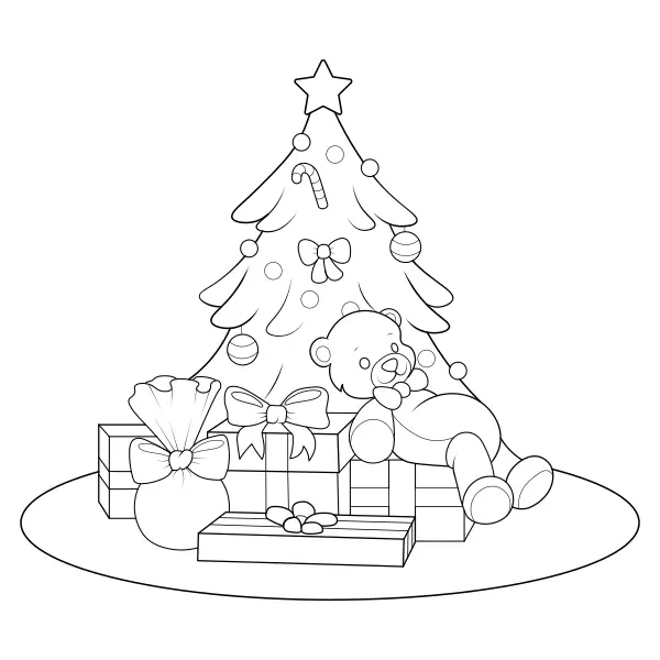 Weihnachtsbaum und Geschenke | Online-Malvorlagen für Kinder