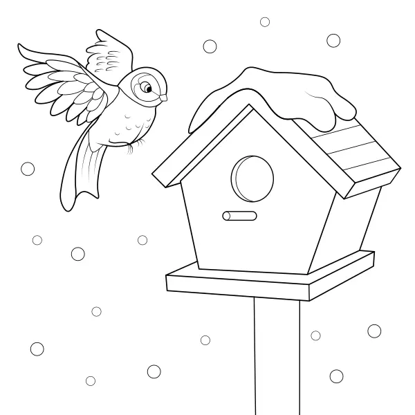 Vogelhäuschen mit einem Vogel | Online-Malvorlagen für Kinder