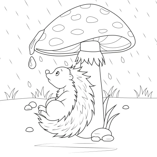 Ein Igel unter einem Pilz | Online-Malvorlagen für Kinder