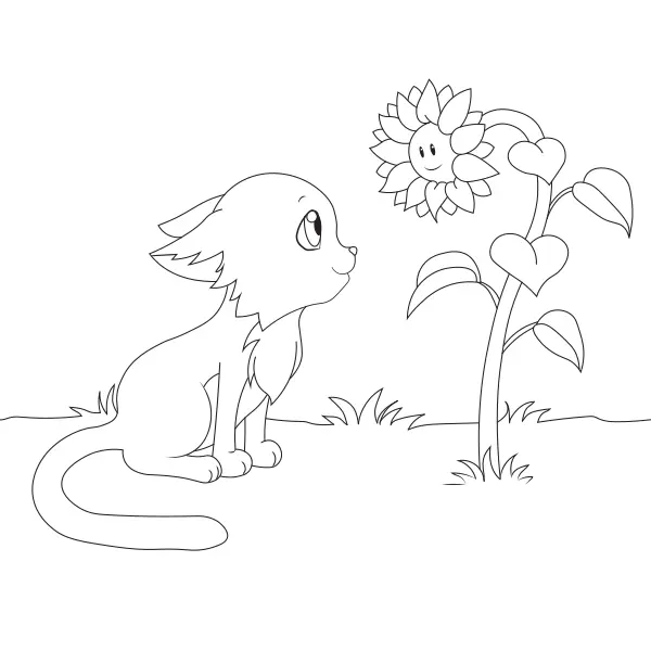 Die Katze und die Sonnenblume | Online-Malvorlagen für Kinder