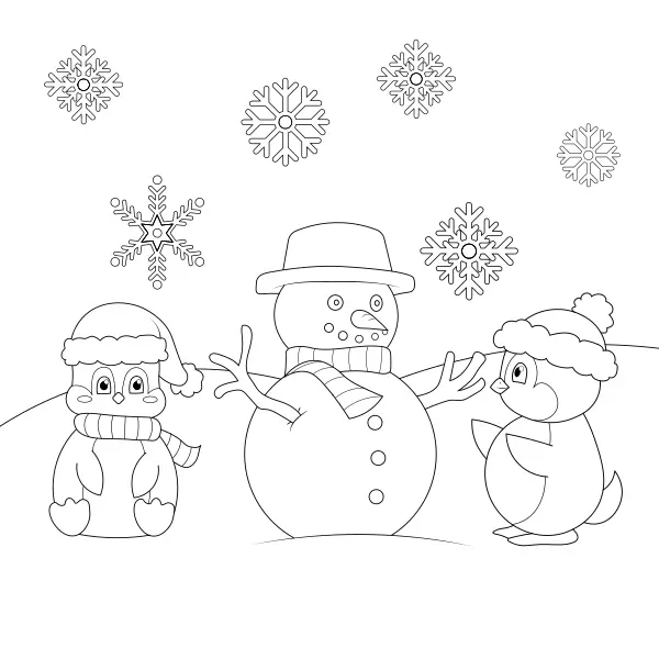 Pinguine mit einem Schneemann | Online-Malvorlagen für Kinder
