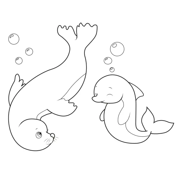 Seehund und Delfin | Online-Malvorlagen für Kinder