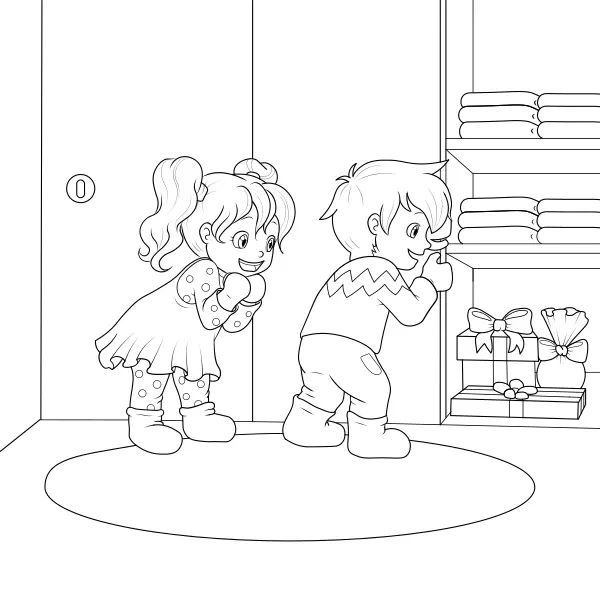 Die Kinder haben die Geschenke gefunden | Online-Malvorlagen für Kinder