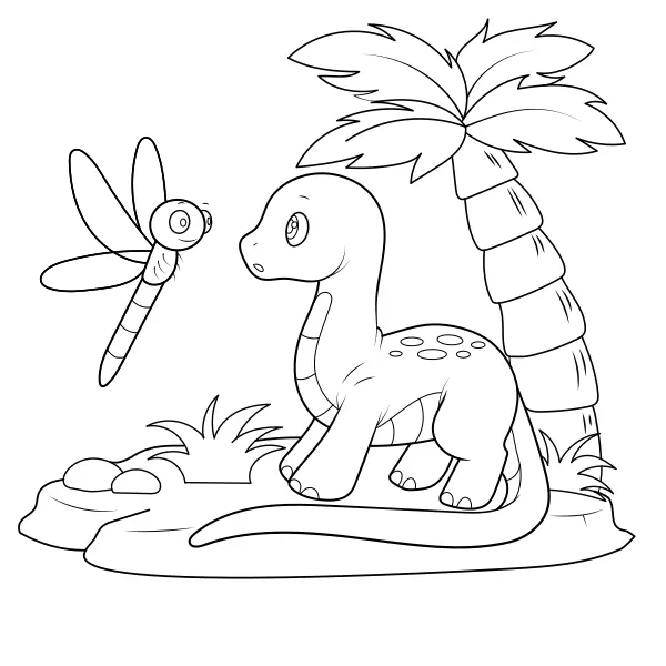 Dinosaurier – Diplodocus und Libelle | Online-Malvorlagen für Kinder