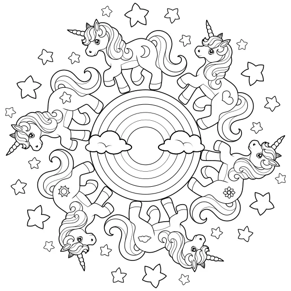 Mandala mit Einhörnern | Online-Malvorlagen für Kinder