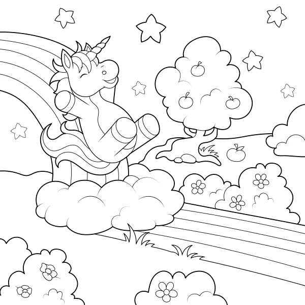 Ein Einhorn, das über den Regenbogen rutscht | Online-Malvorlagen für Kinder