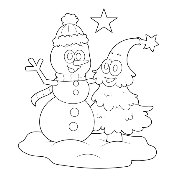 Schneemann und Weihnachtsbaum | Online-Malvorlagen für Kinder