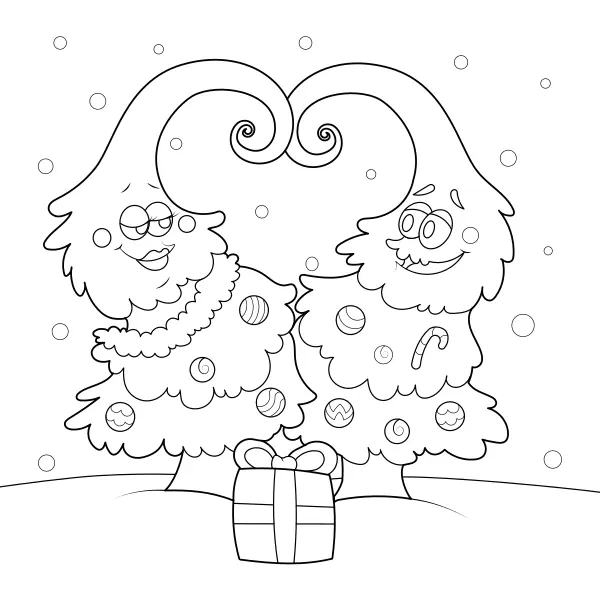 Verliebte Weihnachtsbäume | Online-Malvorlagen für Kinder