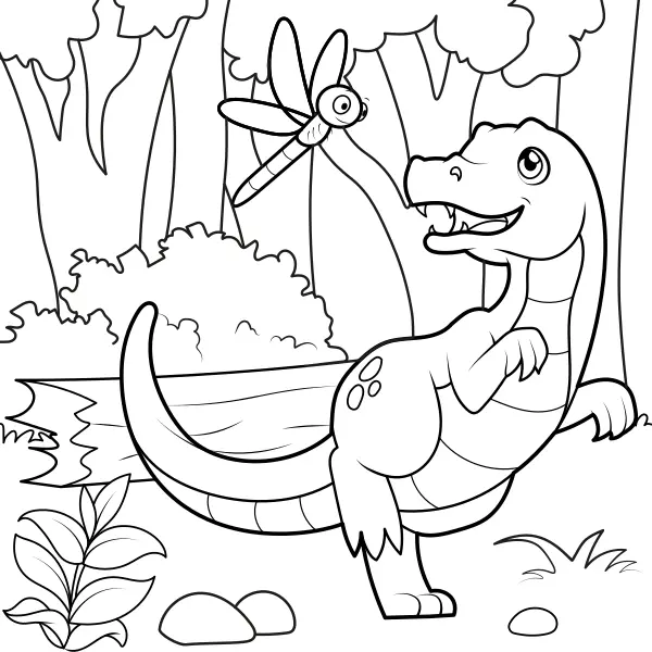 Ein Dinosaurier jagt eine Libelle | Online-Malvorlagen für Kinder