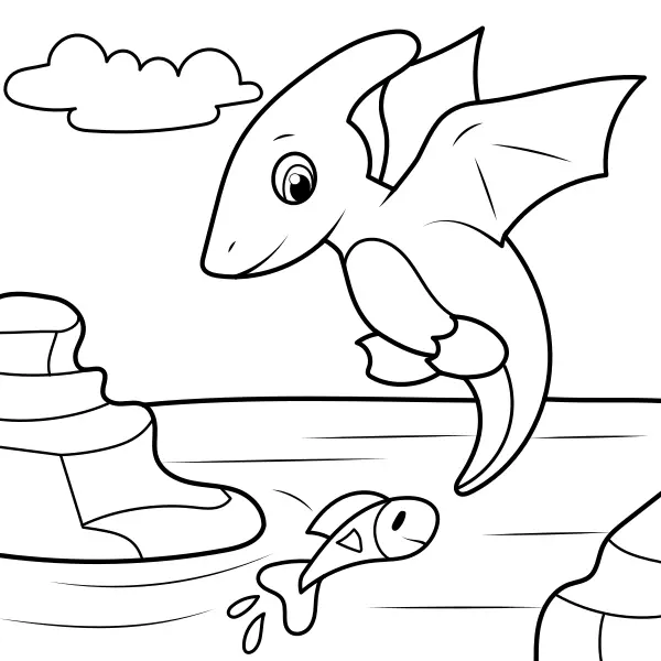 Ein Dinosaurier fängt einen Fisch | Online-Malvorlagen für Kinder