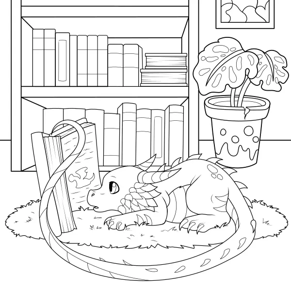 Der Drache liest Bücher | Online-Malvorlagen für Kinder