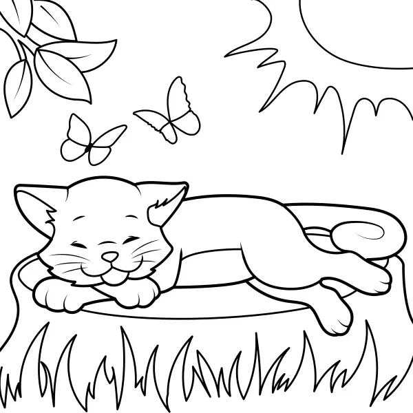 Die Katze sonnt sich in der Sonne | Online-Malvorlagen für Kinder