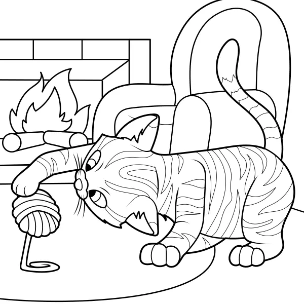 Die Katze spielt mit einem Wollknäuel | Online-Malvorlagen für Kinder