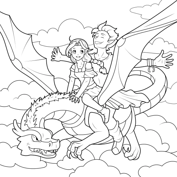 Die Elfen fliegen auf einem Drachen | Online-Malvorlagen für Kinder
