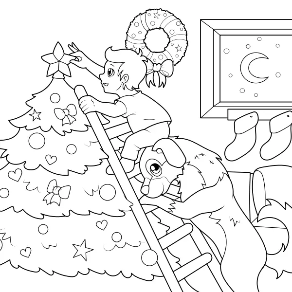 Den Weihnachtsbaum schmücken | Online-Malvorlagen für Kinder