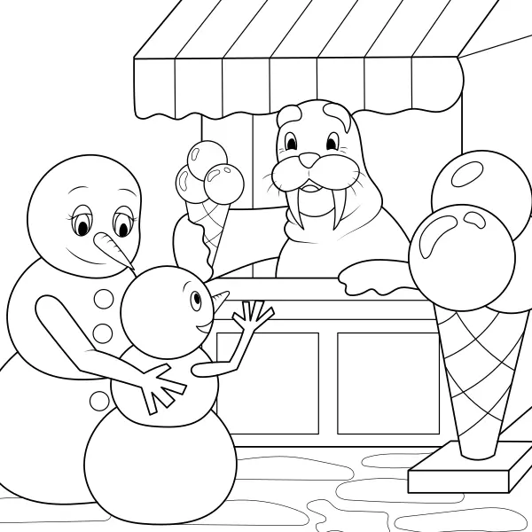 Schneemänner kaufen Eis | Online-Malvorlagen für Kinder