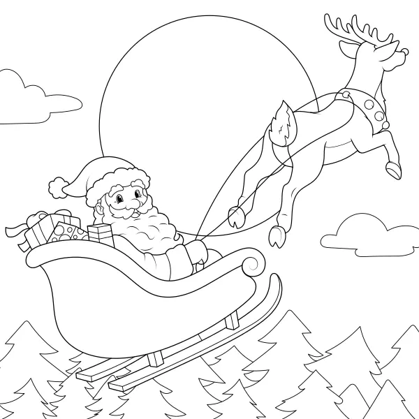 Der Weihnachtsmann mit seinem Rentier | Online-Malvorlagen für Kinder