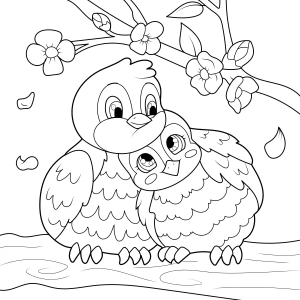 Vögel auf einem Ast | Online-Malvorlagen für Kinder