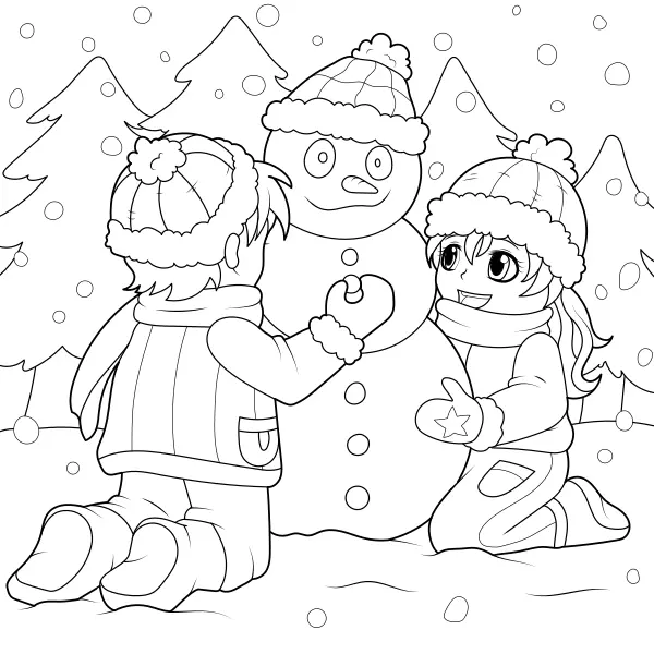 Kinder bauen einen Schneemann | Online-Malvorlagen für Kinder