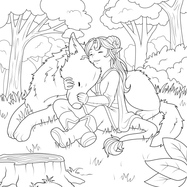 Fantasy-Mädchen mit Wolf | Online-Malvorlagen für Kinder