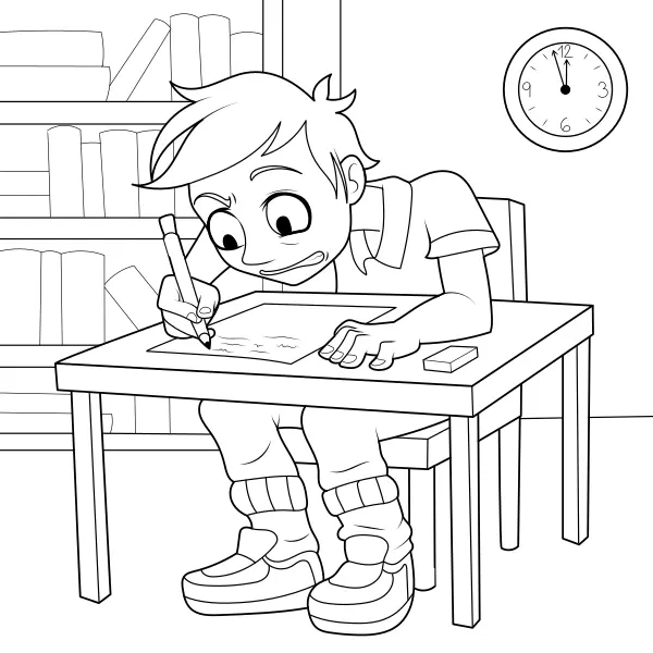 Der Junge schreibt eine Klassenarbeit | Online-Malvorlagen für Kinder