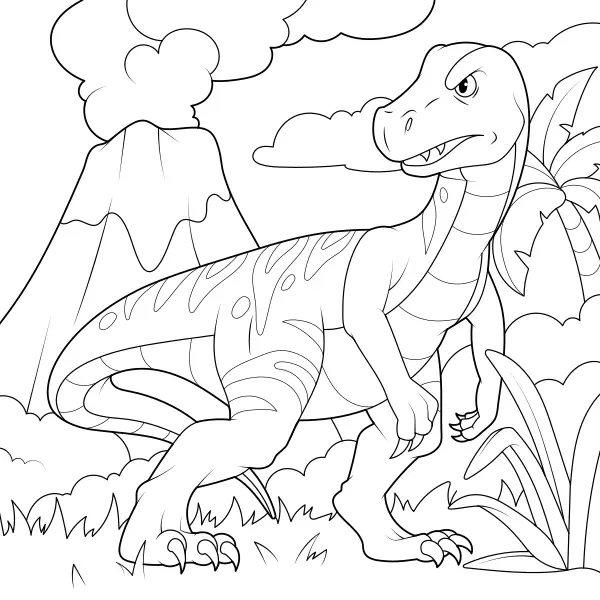 Ein T-Rex unter einem Vulkan | Online-Malvorlagen für Kinder