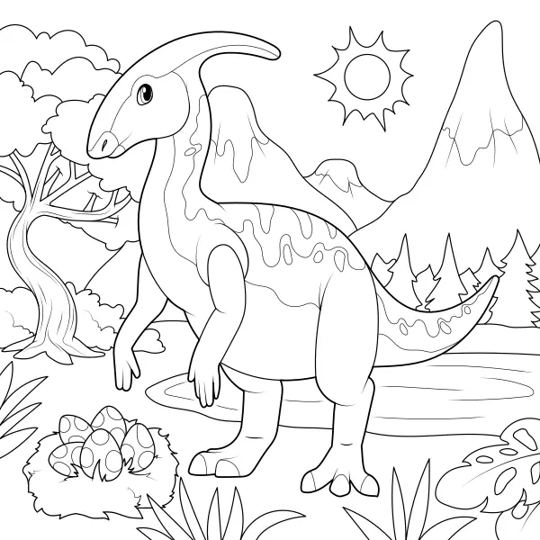 Parasaurolophus mit Nest | Online-Malvorlagen für Kinder