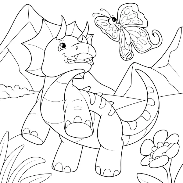 Triceratops und Schmetterling | Online-Malvorlagen für Kinder