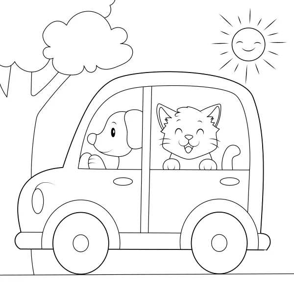 Auto mit Tieren | Online-Malvorlagen für Kinder