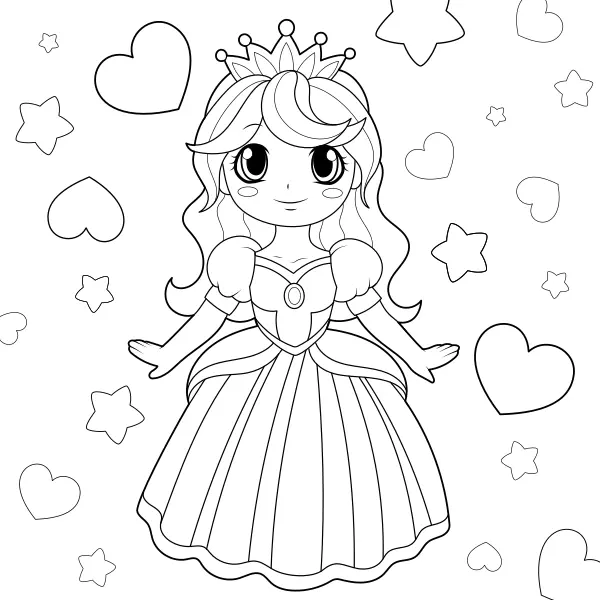 Prinzessin, Herzen und Sterne | Online-Malvorlagen für Kinder