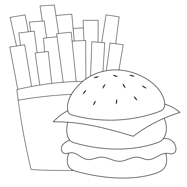 Hamburger mit Pommes | Online-Malvorlagen für Kinder