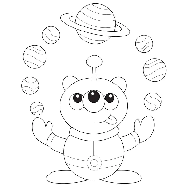 Ein Außerirdischer jongliert mit Planeten | Online-Malvorlagen für Kinder