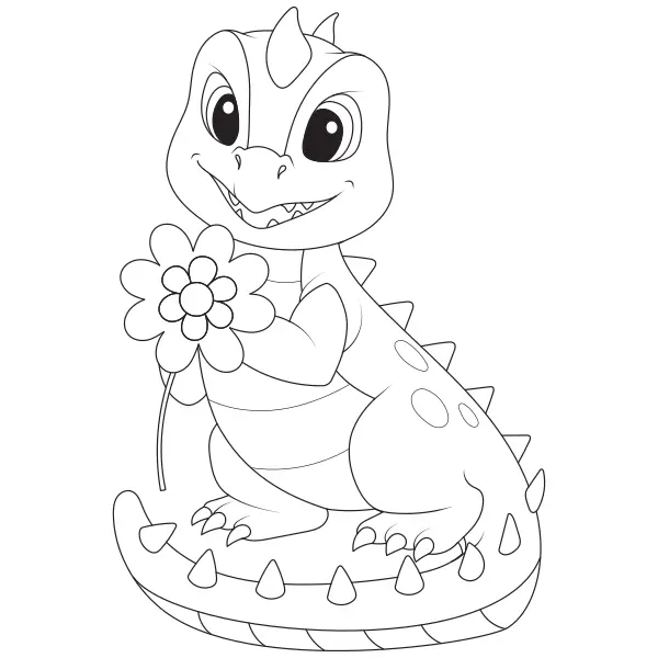 Ein Dinosaurier mit einer Blume | Online-Malvorlagen für Kinder