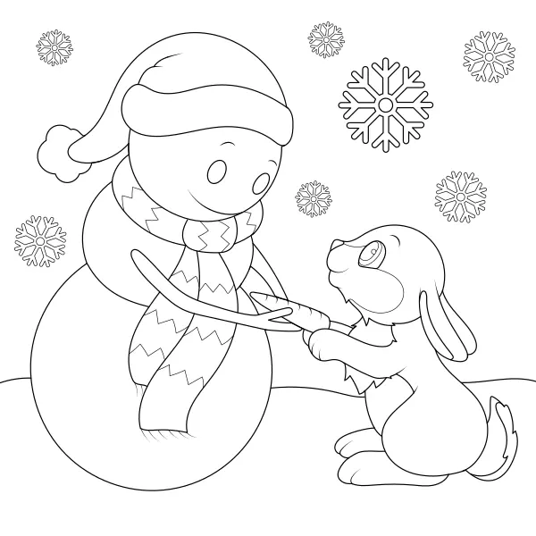 Hase mit Schneemann | Online-Malvorlagen für Kinder