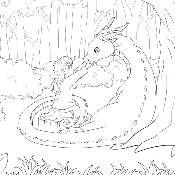 Mädchen mit einem Drachen | Online-Malvorlagen für Kinder