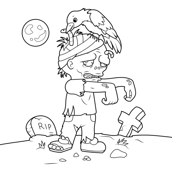 Kleine Zombie und eine Krähe | Online-Malvorlagen für Kinder