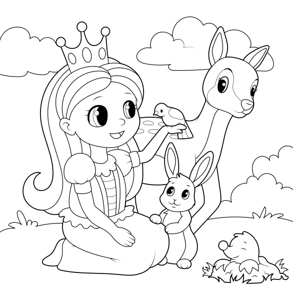 Prinzessin und die Tiere | Online-Malvorlagen für Kinder