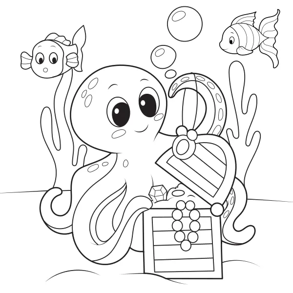 Oktopus mit einem Schatz | Online-Malvorlagen für Kinder