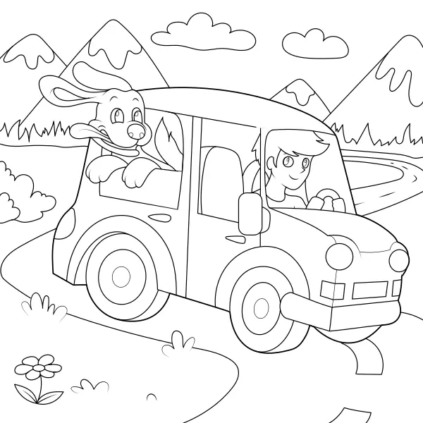 Ein Junge mit seinem Hund auf einem Ausflug | Online-Malvorlagen für Kinder